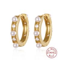 925 Sterling Silver Huggie Hoop Earring, le Pearl Plaisteacha, plátáilte, do bhean & le rhinestone, dathanna níos mó le haghaidh rogha, 9x2.10mm, Díolta De réir Péire