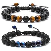 Gemstone Armbånd, Lava, med Tiger Eye & Black Stone & Syntetisk Turkis, Runde, Justerbar & forskellig emballage stil for valg & Unisex & anti-træthed, flere farver til valg, 8mm, Længde Ca. 19-28 cm, Solgt af PC