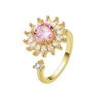 Messing Manchet Finger Ring, met Cubic Zirconia, Zonnebloem, plated, draaibare & voor vrouw, meer kleuren voor de keuze, nikkel, lood en cadmium vrij, 15.70mm, Verkocht door PC