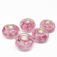 Χάντρες Lampwork European στυλ, Γυάλινα, με Κράμα ψευδάργυρου, ψήσιμο βερνίκι, DIY, ροζ, 8x14mm, Sold Με PC