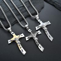 Nerezová ocel šperky náhrdelník, 304 Stainless Steel, Kříž Cross, stroj, leštěné, S přívěsek & módní šperky & leštěný & unisex & černat, Původní barva, 60x39mm, Délka 60 cm, Prodáno By PC