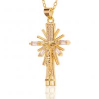 Collier en laiton cubique Zircon Micro Pave, Crucifix, Placage de couleur d'or, pavé de micro zircon & pour femme, 20x35mm, Longueur Environ 17.7 pouce, Vendu par PC