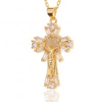 Kubieke Zirkoon Micro Pave Brass Ketting, Messing, Crucifix Cross, gold plated, micro pave zirconia & voor vrouw, 20x35mm, Lengte Ca 17.7 inch, Verkocht door PC