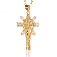 Collier en laiton cubique Zircon Micro Pave, Crucifix, Placage de couleur d'or, pavé de micro zircon & pour femme & creux, 19x35mm, Longueur Environ 17.7 pouce, Vendu par PC