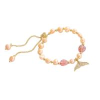 Pulsera de Aleación de Zinc, con cuarzo rosado & Perlas plásticas, chapado en oro real, micro arcilla de zirconia cúbica & para mujer, color mixto, 19mm, longitud aproximado 21 cm, Vendido por UD