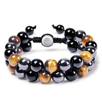 Gemstone Bracelets Tiger Eye with Obsidian & Lava & Hematite & Zinc Alloy Round platinum color plated & for man Length Approx 19-28 cm Sold By PC