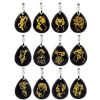 Natural Black Obsidian Pendants with Brass 12 Signs of the Zodiac silver color plated Unisex black Sold By PC