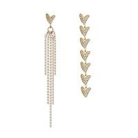 Boucles d'oreilles asymétriques, alliage de zinc, coeur, Placage de couleur d'or, pour femme & avec strass, protéger l'environnement, sans nickel, plomb et cadmium, 90mm, 110mm, Vendu par paire