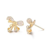 Clou boucle d'oreille en laiton, Noeud papillon, 14K rempli d’or, DIY & pavé de micro zircon, doré, protéger l'environnement, sans nickel, plomb et cadmium, 15x14mm, 5pairescouple/lot, Vendu par lot