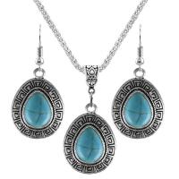 Parures de bijoux en alliage zinc, boucle d'oreille & collier, alliage de zinc, avec turquoise synthétique, avec 2.56Inch chaînes de rallonge, larme, Placage de couleur argentée, Vintage & styles différents pour le choix & pour femme, bleu, protéger l'environnement, sans nickel, plomb et cadmium, 23x30mm, Longueur Environ 17.72 pouce, Environ 12PC/sac, Vendu par sac