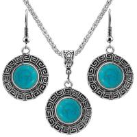 Zinklegering Sieraden Sets, Zinc Alloy, met Synthetische Turquoise, met 2.56Inch extender keten, Ronde, silver plated, Vintage & voor vrouw, blauw, nikkel, lood en cadmium vrij, 28mm, Lengte Ca 17.72 inch, Ca 12sets/Bag, Verkocht door Bag