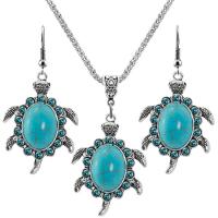 Zinklegering Sieraden Sets, oorbel & halsketting, Zinc Alloy, met Synthetische Turquoise, met 2.56Inch extender keten, Zeeschildpad, silver plated, Vintage & voor vrouw, blauw, nikkel, lood en cadmium vrij, 31x42mm, Lengte Ca 17.72 inch, Ca 12sets/Bag, Verkocht door Bag