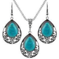 Zinc Alloy Jewelry Sets with Turquoise with 2.56Inch extender chain Teardrop silver color plated vintage & for woman blue nickel lead & cadmium free Length Approx 17.72 Inch Approx Sold By Bag