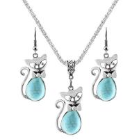 Zinklegering Sieraden Sets, Zinc Alloy, met Synthetische Turquoise, met 2.56Inch extender keten, Kat, silver plated, Vintage & verschillende stijlen voor de keuze & voor vrouw, blauw, nikkel, lood en cadmium vrij, 18x34mm, Lengte Ca 17.72 inch, Ca 12pC's/Bag, Verkocht door Bag