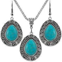 Parures de bijoux en alliage zinc, alliage de zinc, avec turquoise synthétique, avec 2.56Inch chaînes de rallonge, larme, Placage de couleur argentée, Vintage & pour femme, bleu, protéger l'environnement, sans nickel, plomb et cadmium, 26x31mm, Longueur Environ 17.72 pouce, Environ 12ensemblessérie/sac, Vendu par sac