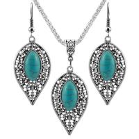 Zinklegering Sieraden Sets, Zinc Alloy, met Synthetische Turquoise, met 2.56Inch extender keten, Blad, silver plated, Vintage & voor vrouw, blauw, nikkel, lood en cadmium vrij, 23x42mm, Lengte Ca 17.72 inch, Ca 12sets/Bag, Verkocht door Bag