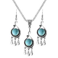 Zinklegering Sieraden Sets, Zinc Alloy, met Synthetische Turquoise, met 2.56Inch extender keten, silver plated, Vintage & verschillende stijlen voor de keuze & voor vrouw, blauw, nikkel, lood en cadmium vrij, 20x47mm, Lengte Ca 17.72 inch, Ca 12pC's/Bag, Verkocht door Bag