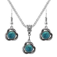 Zinklegering Sieraden Sets, Zinc Alloy, met Synthetische Turquoise, met 2.56Inch extender keten, silver plated, Vintage & verschillende stijlen voor de keuze & voor vrouw, blauw, nikkel, lood en cadmium vrij, 18mm, Lengte Ca 17.72 inch, Ca 12pC's/Bag, Verkocht door Bag