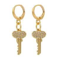 Huggie hoepel Drop Earrings, Messing, Sleutel, gold plated, micro pave zirconia & voor vrouw, 12x32mm, Verkocht door pair