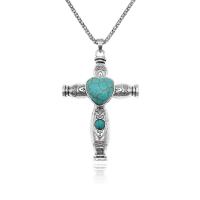 Pull Turquoise Collier Necklace, alliage de zinc, avec turquoise, croix, Placage de couleur argentée, bijoux de mode & unisexe & chaîne en lanterne, vert, protéger l'environnement, sans nickel, plomb et cadmium, 56x84mm, Vendu par Environ 60 cm brin