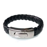 Cuero de PU Pulsera, con acero inoxidable 304, Esférico, chapado en color de plata, Joyería & para hombre, Negro, longitud 8.46 Inch, Vendido por UD