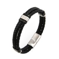 Cuero de PU Pulsera, con acero inoxidable 304, Esférico, chapado en color de plata, Joyería & para hombre, Negro, longitud aproximado 9.45 Inch, Vendido por UD