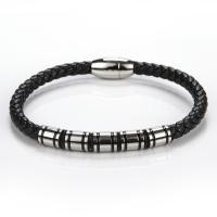 PU Armband, met 304 roestvrij staal, Ronde, silver plated, mode sieraden & voor de mens, zwart, Lengte 21 cm, Verkocht door PC