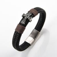 Cuero de PU Pulsera, con acero inoxidable 304, Esférico, chapado en color de plata, Joyería & diverso tamaño para la opción & para hombre, Negro, Vendido por UD