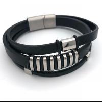 Cuero de PU Pulsera, con acero inoxidable 304, Esférico, chapado en color de plata, Joyería & para hombre, Negro, longitud 21.5 cm, Vendido por UD