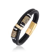 PU Leather Bracelet with 304 Stainless Steel Round gold color plated & for man gold Length 21.5 cm Sold By PC