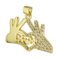 Messing Hanger, Hand, gold plated, micro pave zirconia & hol, 27x20x3mm, Gat:Ca 3mm, Verkocht door PC