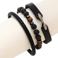 Kuhhaut Armband-Set, mit PU Leder & Lava & Zinklegierung, rund, silberfarben plattiert, drei Stücke & Modeschmuck & unisex, schwarz, 225mm,50-60mm,210mm, verkauft von setzen