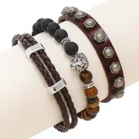 Kuhhaut Armband-Set, mit PU Leder & Lava & Tigerauge & Zinklegierung, rund, silberfarben plattiert, drei Stücke & Modeschmuck & unisex, Henna Rot, 210mm,50-60mm,240mm, verkauft von setzen