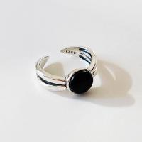 Argent sterling 925 Cuff Bague, avec agate noire, Rond, réglable & pour femme, Taille:6, Vendu par PC