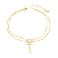 Partículas de acero pulsera tobillera, con Nácar Blanca & Perlas plásticas, acero de titanio cierre de langosta, chapado, para mujer, dorado, 12mm, longitud 26 cm, Vendido por UD