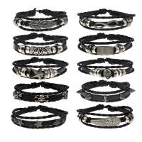 PU Leder Armband-Set, mit Wachsschnur & Verkupferter Kunststoff & Zinklegierung, rund, plattiert, 10 Stück & Einstellbar & Modeschmuck & unisex, schwarz, 170-180mm,80-90mm, verkauft von setzen