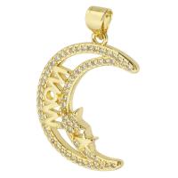 Messing Pendel, Moon, guldfarve belagt, Micro Pave cubic zirconia & hule, 19x25x3mm, Hole:Ca. 3mm, Solgt af PC