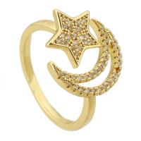 Messing Manchet Finger Ring, Maan en Ster, gold plated, Verstelbare & micro pave zirconia & hol, 19x25x3mm, Maat:6, Verkocht door PC