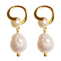 Boucles d'oreilles en perles d'eau douce, perle d'eau douce cultivée, avec laiton, Plaqué d'or 14K, Naturel & pour femme, blanc, 28x12mm, Vendu par paire