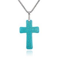 Turquoise geansaí Necklace Slabhra, Turquoise Nádúrtha, Cross, snasta, jewelry faisin & unisex & slabhra laindéir, gorm éadrom, 40x60mm, Díolta Per 60 cm Snáithe