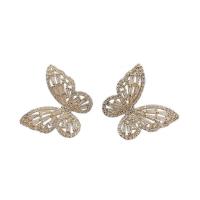 Pendientes de Perno de Aleación de Zinc, Mariposa, chapado en color dorado, Joyería & micro arcilla de zirconia cúbica & para mujer, libre de níquel, plomo & cadmio, 25x23mm, Vendido por Par