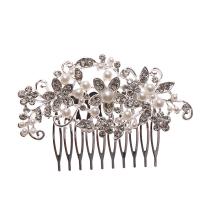 Peinetas Decorativas, aleación de zinc, con diamantes de imitación & Perlas plásticas, chapado en color de plata, para mujer, plateado, libre de níquel, plomo & cadmio, 85x55mm, Vendido por UD