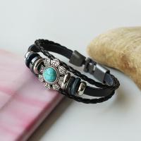 Bracelet de cuir de vachette, cuir de peau de vache, avec turquoise & cuir PU & plastique revêtu de cuivre & alliage de zinc, Rond, Placage, bijoux de mode & pour femme, noire, 205x10mm, Vendu par PC