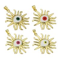 Pendentifs mauvais oeil, laiton, soleil, Placage de couleur d'or, émail, plus de couleurs à choisir, 35x39x4mm, Trou:Environ 3mm, Vendu par PC