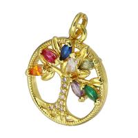 Cubique Pendentif en laiton zircon pavent, Placage de couleur d'or, arbre de la conception de la vie & pavé de micro zircon & creux, multicolore, 12x21x4mm, Trou:Environ 2mm, Vendu par PC