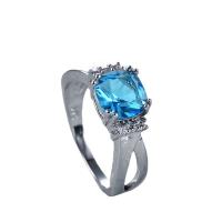 Cubic Zircon Brass Finger Ring with Cubic Zirconia Square platinum color plated & for woman & faceted blue nickel lead & cadmium free 6mm Sold By PC