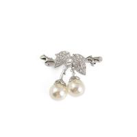 Kunststof Pearl Brooch, Zinc Alloy, met Plastic Pearl, Kers, silver plated, voor vrouw & met strass, nikkel, lood en cadmium vrij, 45x35mm, 10pC's/Lot, Verkocht door Lot