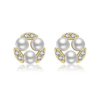 Messing Stud Earring, met Plastic Pearl, Geometrisch Patroon, plated, micro pave zirconia & voor vrouw, meer kleuren voor de keuze, nikkel, lood en cadmium vrij, 12x12mm, Verkocht door pair