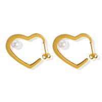 Titanium Staal Stud Earring, met Plastic Pearl, plated, voor vrouw, gouden, 25x30mm, Verkocht door pair