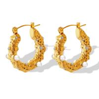 Titanium Steel Hoop Earring with Plastic Pearl Vacuum Ion Plating for woman & with rhinestone Sold By Pair